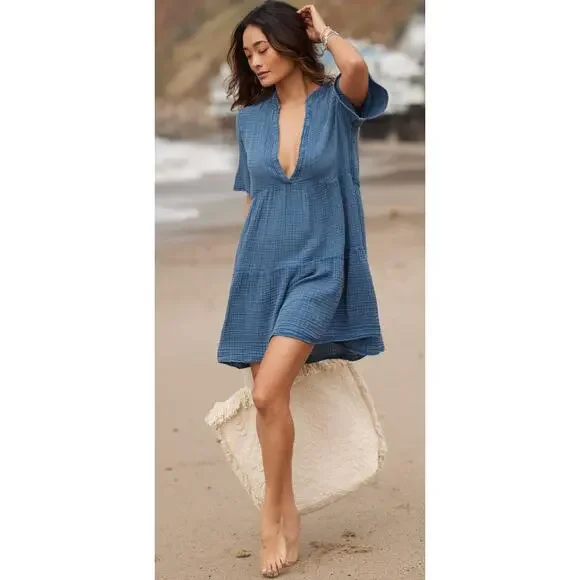 Anthropologie | Dresses | Anthropologie The Kallie Flowy Tunic Dress Dark  Blue Womens Small New Gauze Slub | Poshmark